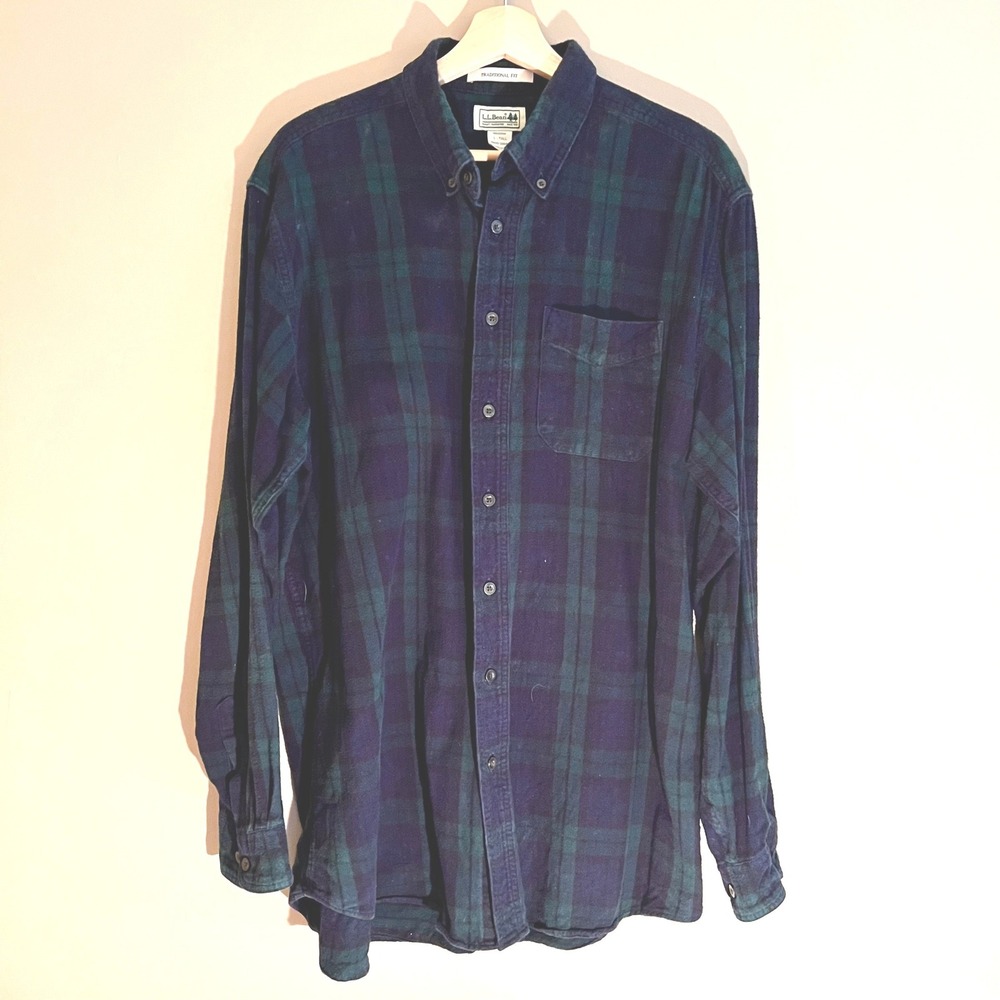 LL Bean Mens Flannel Shirt L Tall Black Watch Plaid Navy Green Traditional